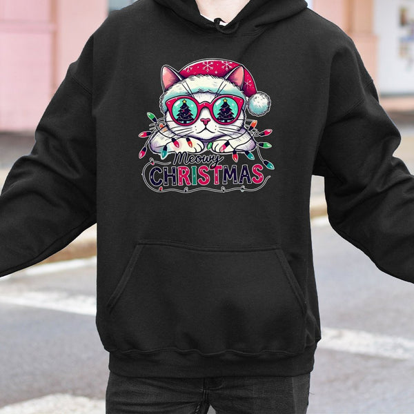 Santa Hat Cat Holiday Hoodie, Meowy Christmas Hoodie, Adorable Festive Kitten Hoodie, Humorous Cat Lover Xmas Graphic Hooded 