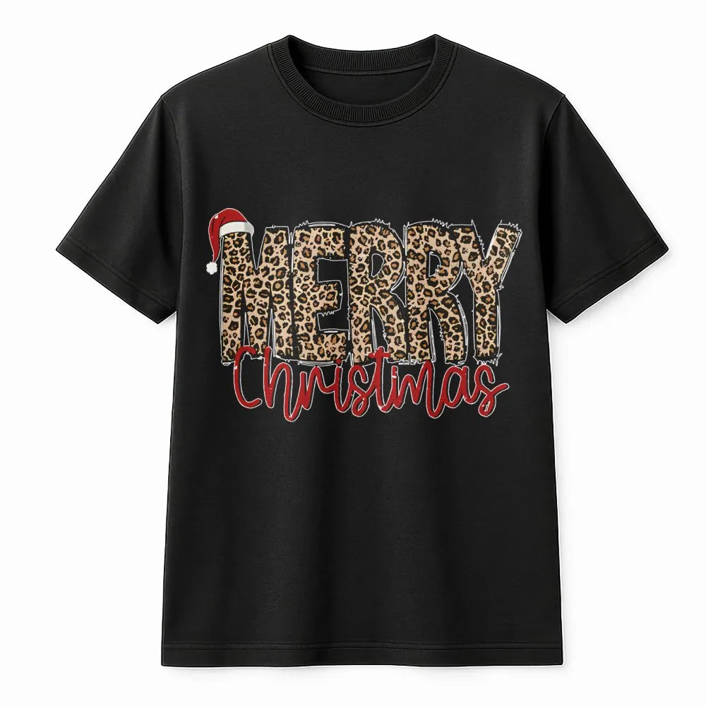 Leopard Print Santa Hat Shirt, Merry Christmas T-Shirt, Adorable Festive Holiday Graphic Tee, Womens Xmas Outfit, Trendy Holi