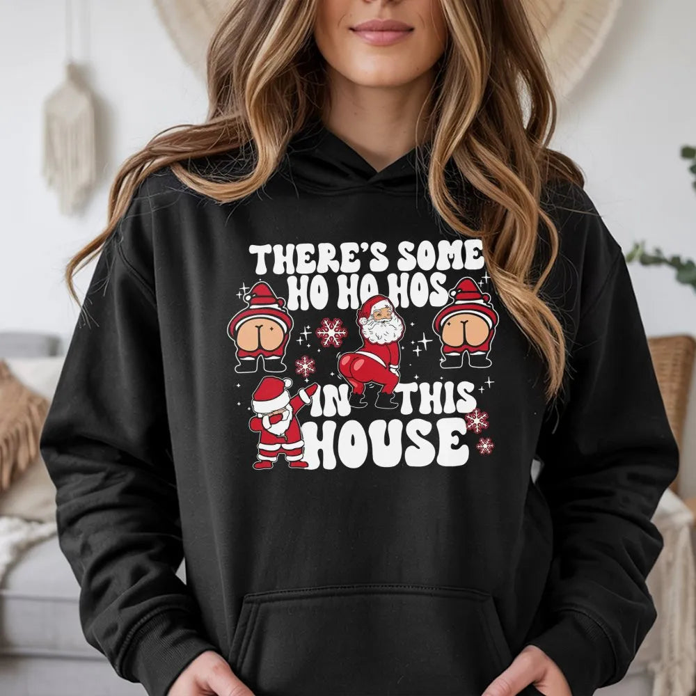 Humorous Santa Christmas Sweatshirt, Theres Some Ho Hos in This House Hoodie, Naughty Xmas Graphic Pullover, Adult Humor Holi