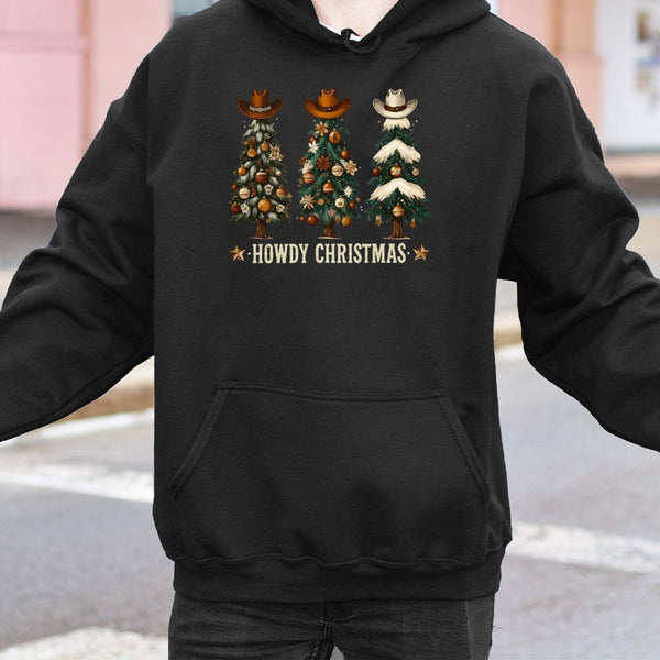 Howdy Christmas Cowboy Hat Sweatshirt, Western Christmas Tree Hoodie, Retro Cowgirl Holiday Pullover, Country Xmas Present fo