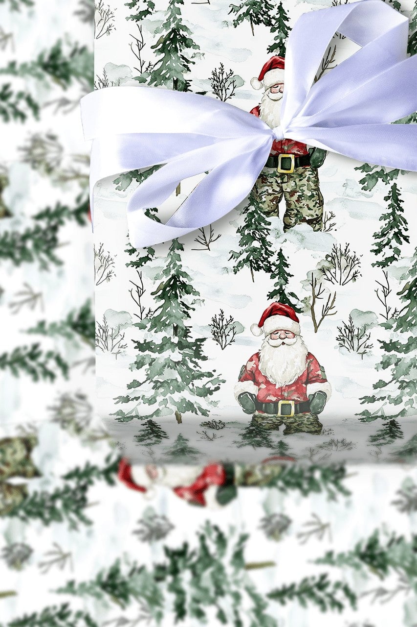 Military Soldier Holiday Gift Wrap, Camo Santa Christmas Wrapping Paper, Camouflage Santa Wrapping Paper, Veteran Present Wra