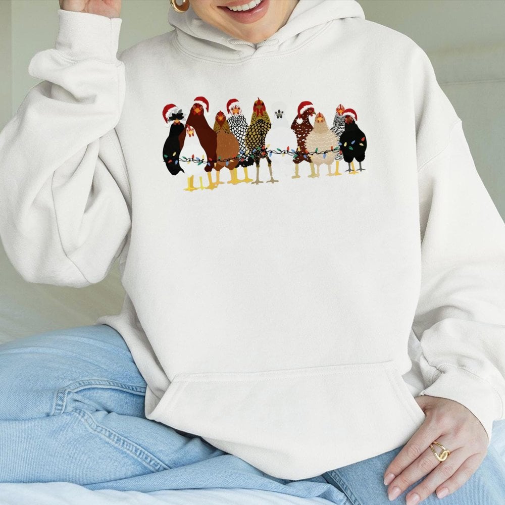 Humorous Farm Animal Holiday Sweatshirt, Christmas Chicken Hoodie, Santa Hat Hen Pullover, Adorable Country Barnyard Hooded S