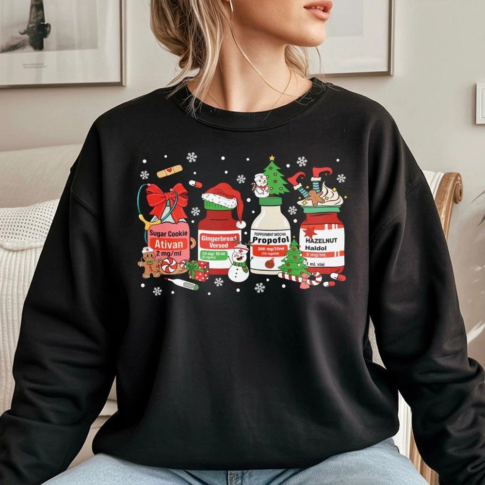 Medical Medication Jar Holiday Sweater, Christmas Nurse Sweatshirt, Humorous RN ICU Crewneck Sweatshirt, Healthcare Worker Ch