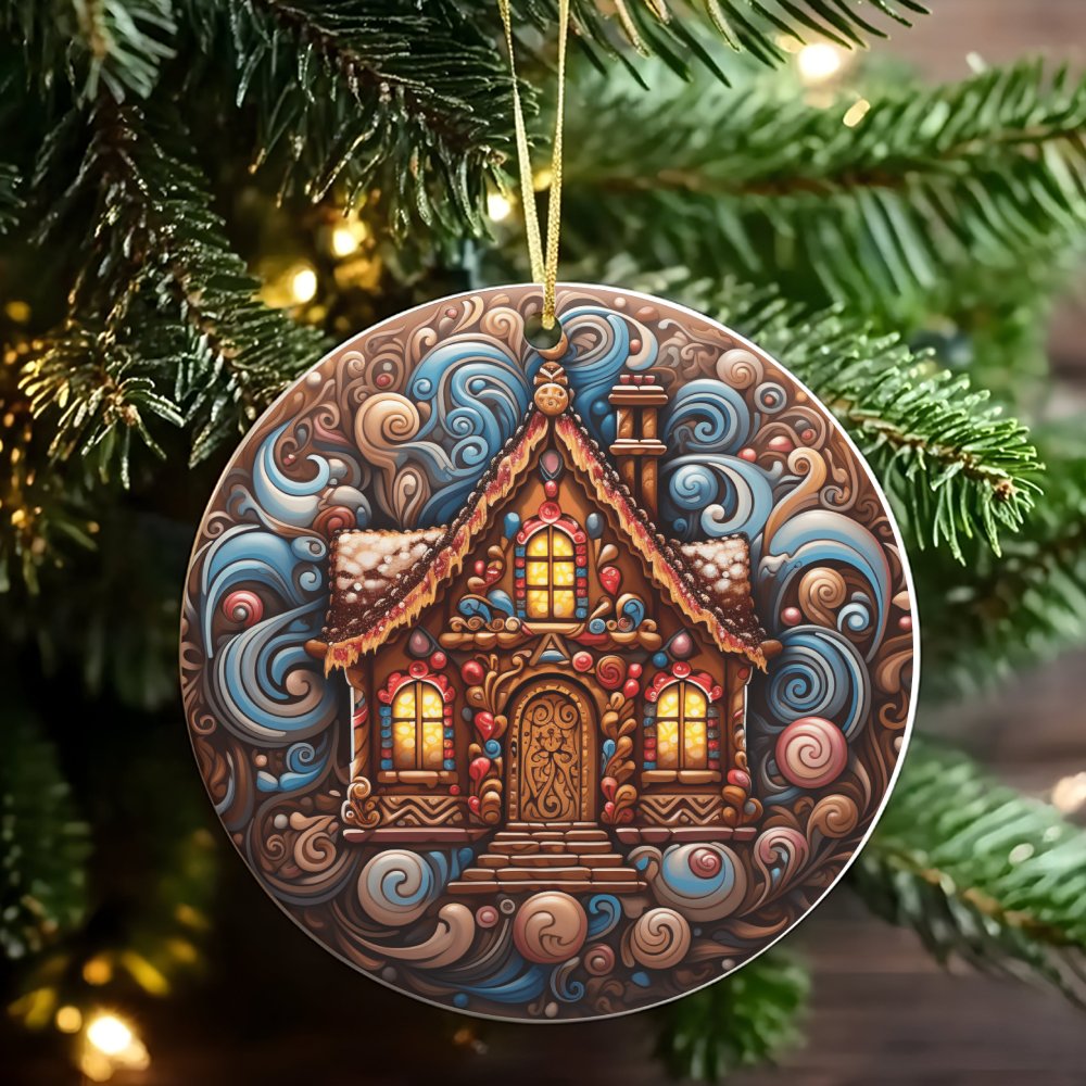 Swirl Holiday Ornament, Psychedelic Gingerbread House Ornament, Colorful Candy Cottage Ceramic Ornament, Christmas Tree Keeps