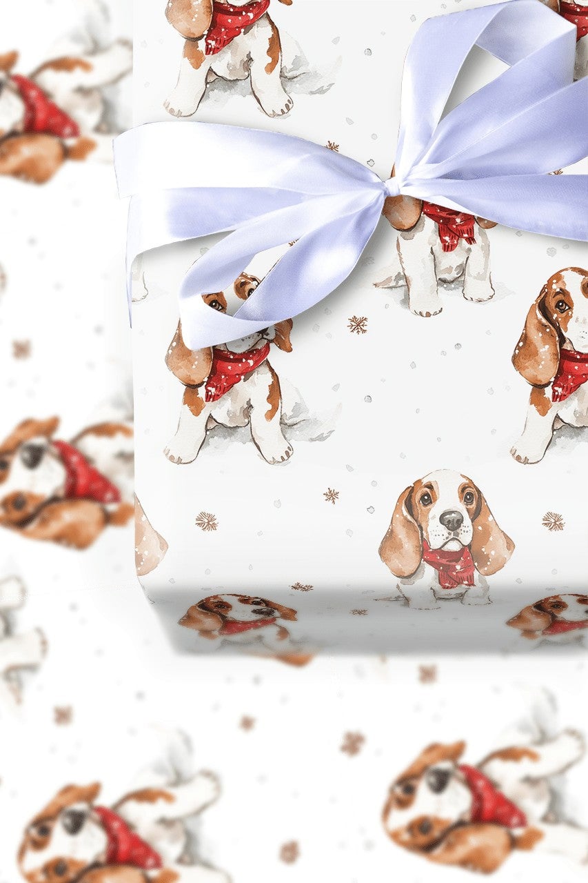 Puppy in Snow Holiday Gift Wrap Roll, Basset Hound Christmas Wrapping Paper, Winter Dog Xmas Wrapping Paper, Dog Lover Holida