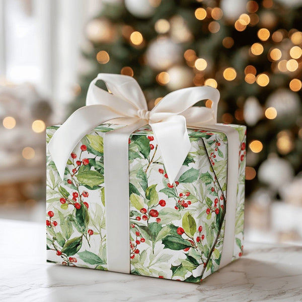 Botanical Christmas Gift Wrap, Watercolor Holly Wrapping Paper, Red Berry Holiday Wrapping Paper, Elegant Winter Plant Gift W