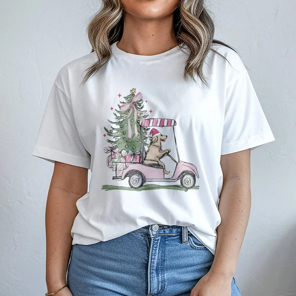 Golf Cart Holiday Dog Shirt, Christmas Golden Retriever T-Shirt, Adorable Xmas Retriever Graphic Tee, Humorous Dog Lover Shir