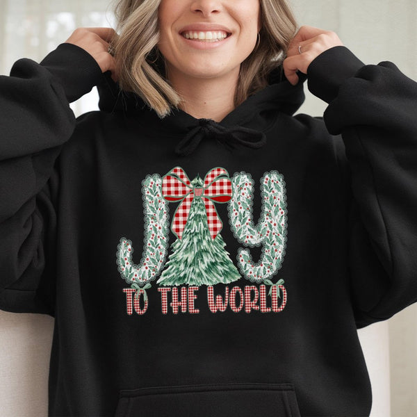Christmas Tree Plaid Bow Hooded Sweatshirt, Joy to the World Hoodie, Christian Holiday Pullover, Festive Xmas Hoodie, Winter 