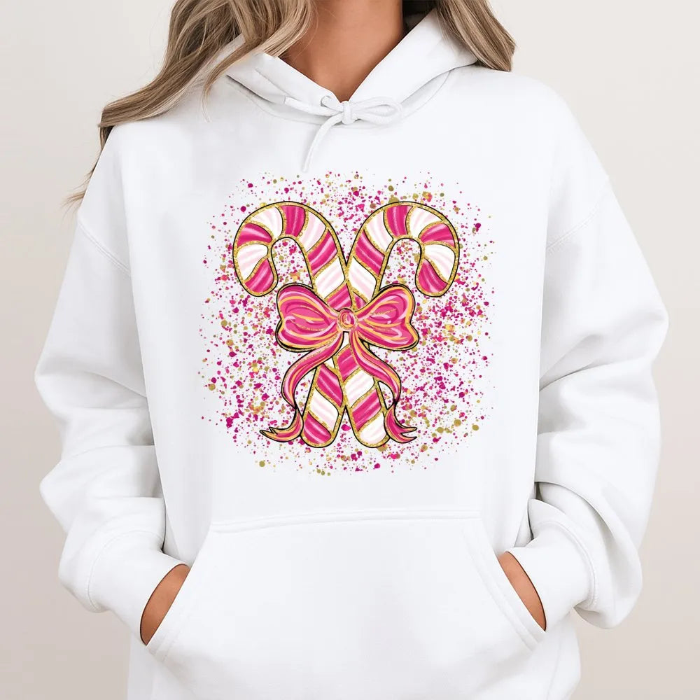 Coquette Bow Christmas Hoodie, Pink Candy Cane Hoodie, Aesthetic Candy Cane Hooded Sweatshirt, Adorable Xmas Candy Cane Pullo