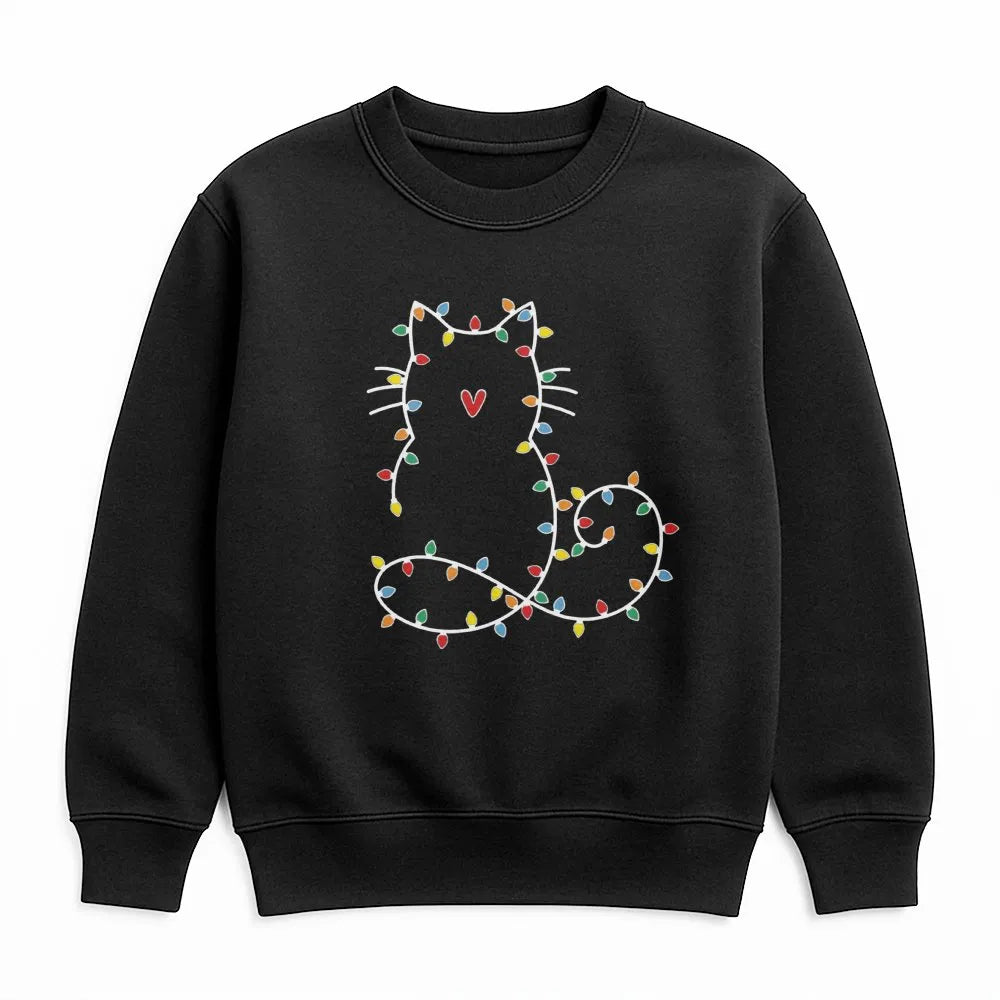 Festive Kitten Holiday Crewneck, Cat Christmas Lights Sweatshirt, Adorable Pet Lover Winter Sweater, Comfy Xmas Party Present