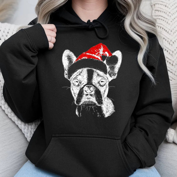 Adorable Dog Christmas Sweatshirt, Boston Terrier Santa Hoodie, Xmas Pet Lover Graphic Hoodie, Winter Holiday Pullover Hoodie