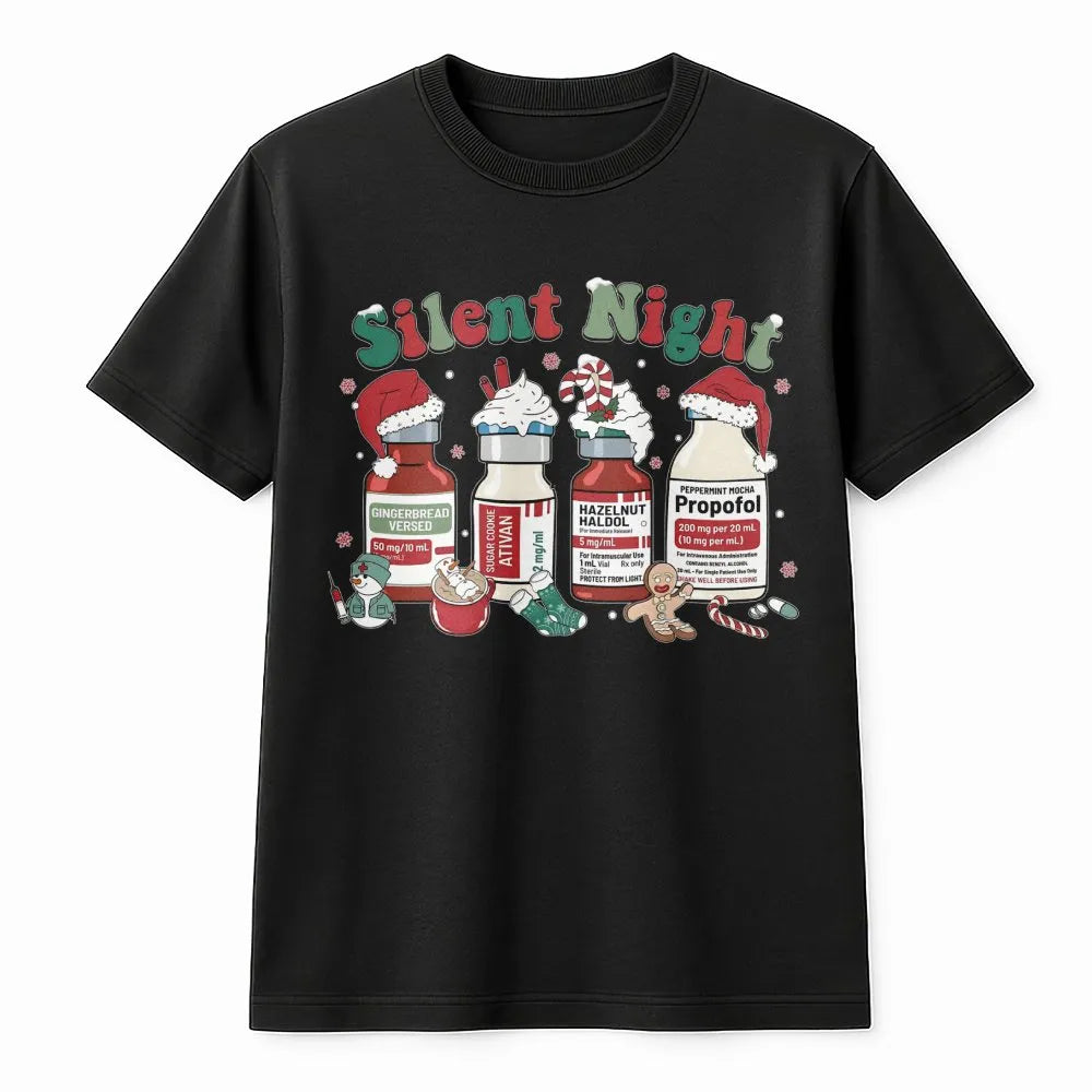 Humorous Medical Scrub T-Shirt, Silent Night Christmas T-Shirt, Nurse Holiday Graphic Tee, ICU RN Healthcare Christmas T-Shir