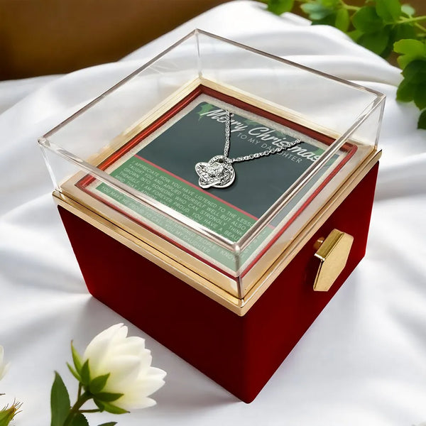 Rotating Rose Gift Box, Daughter Christmas Love Knot Necklace, Gold CZ Pendant, Sentimental Holiday Daughter Love Knot Jewelr