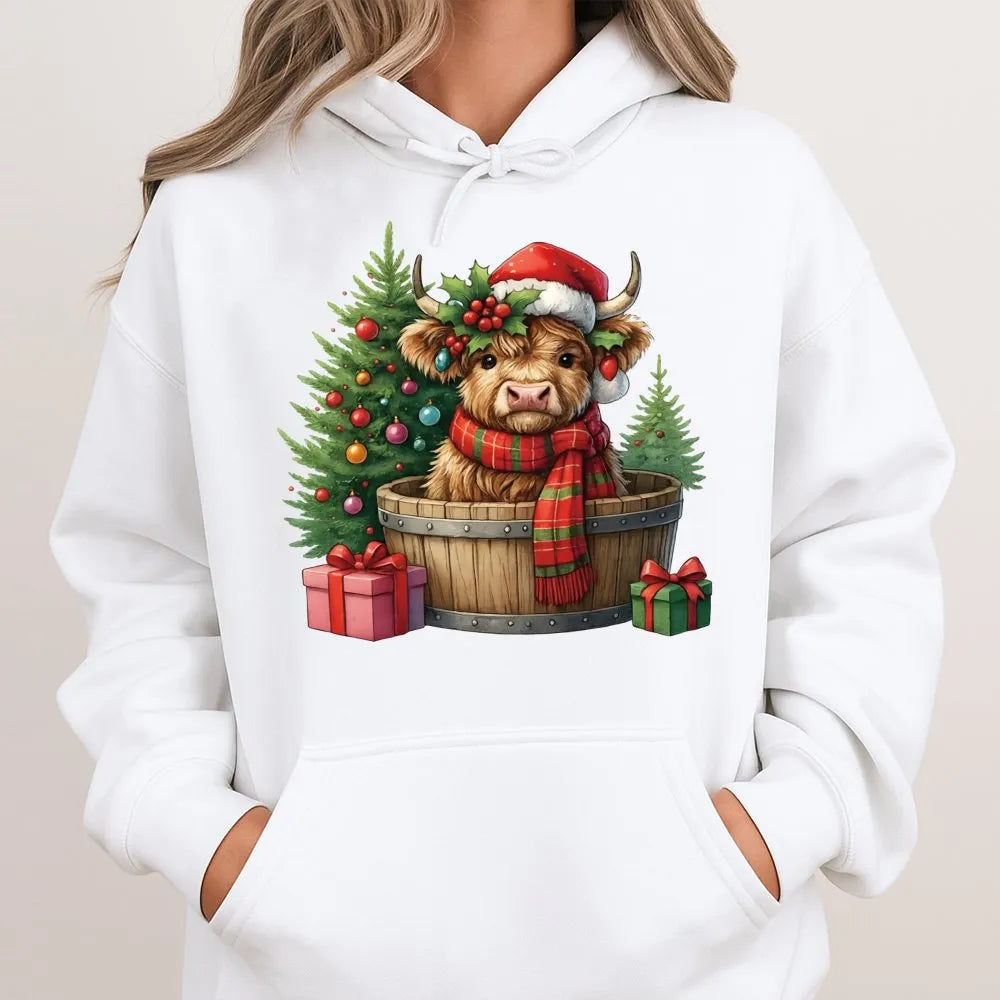 Baby Cow in Barrel Sweatshirt, Christmas Highland Cow Hoodie, Festive Farm Animal Pullover, Holiday Cow Hooded Sweatshirt, Xm