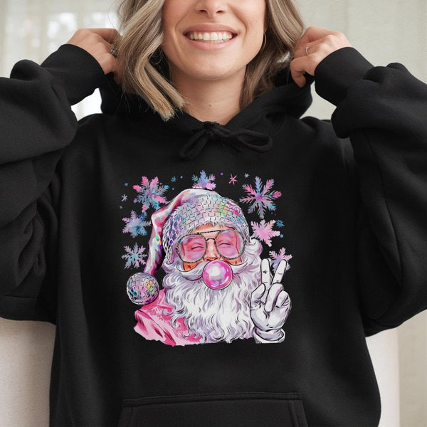 Retro Bubble Gum Peace Sign Christmas Sweatshirt, Disco Santa Hoodie, Humorous Groovy Xmas Santa Pullover, Holiday Party Hood