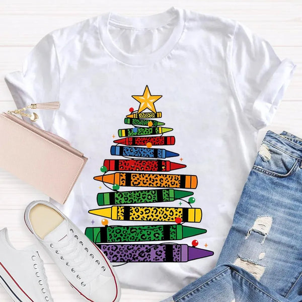 Art Teacher T-Shirt, Colored Pencils Leopard Christmas Tree Shirt, Holiday Graphic Tee, Festive Art Teacher Shirt, Christmas 