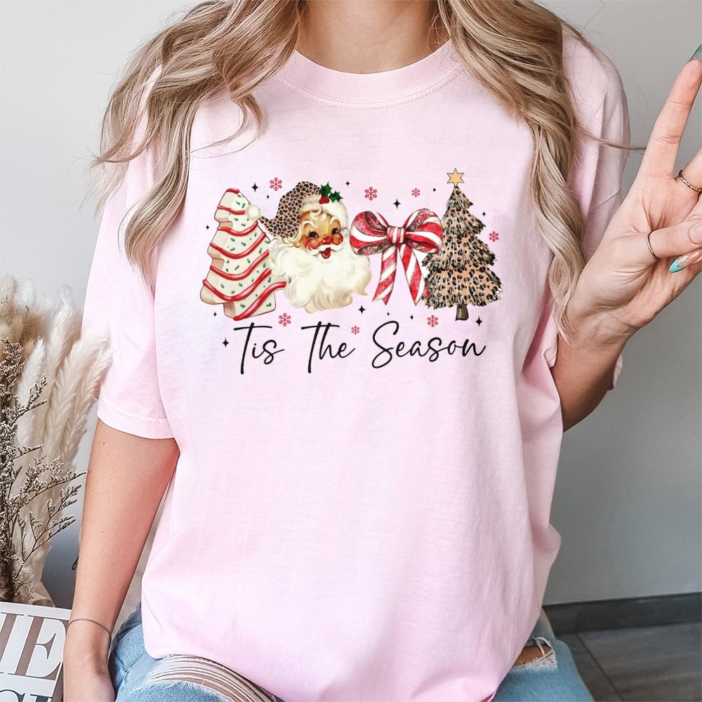 Coquette Bow Holiday Graphic Tee, Retro Santa Leopard Print Christmas Tree T-Shirt, Trendy Western Xmas Shirt, Adorable Festi