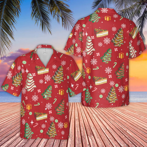 Festive Holiday Snack Shirt, Christmas Tree Cake Hawaiian Shirt, Ugly Christmas Party Aloha Shirt, Retro Winter Holiday Butto