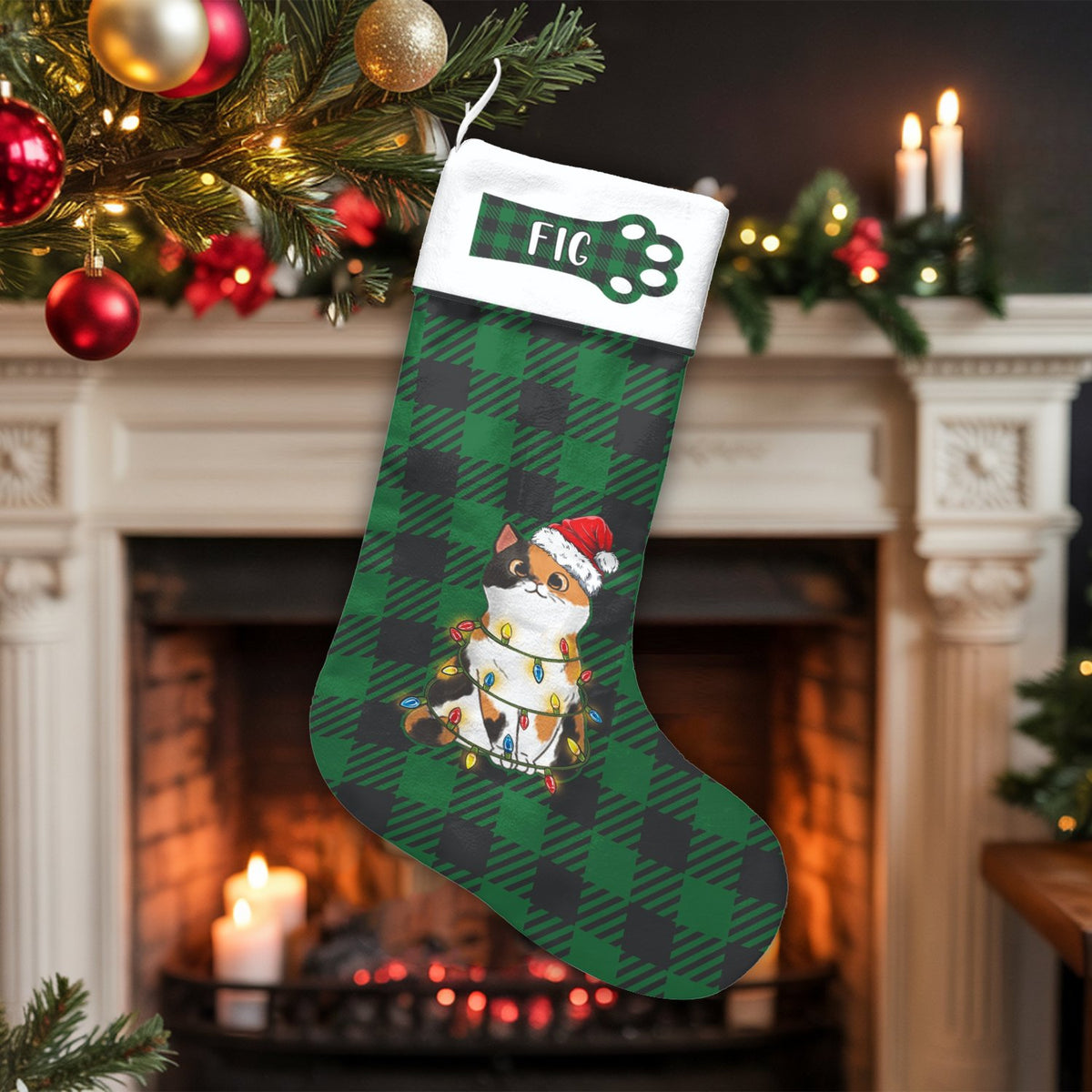 Personalized Cat Stocking, Calico Cat Christmas Stocking, Green Plaid Christmas Stocking, Pet Holiday Stocking Decor, Cat Lov