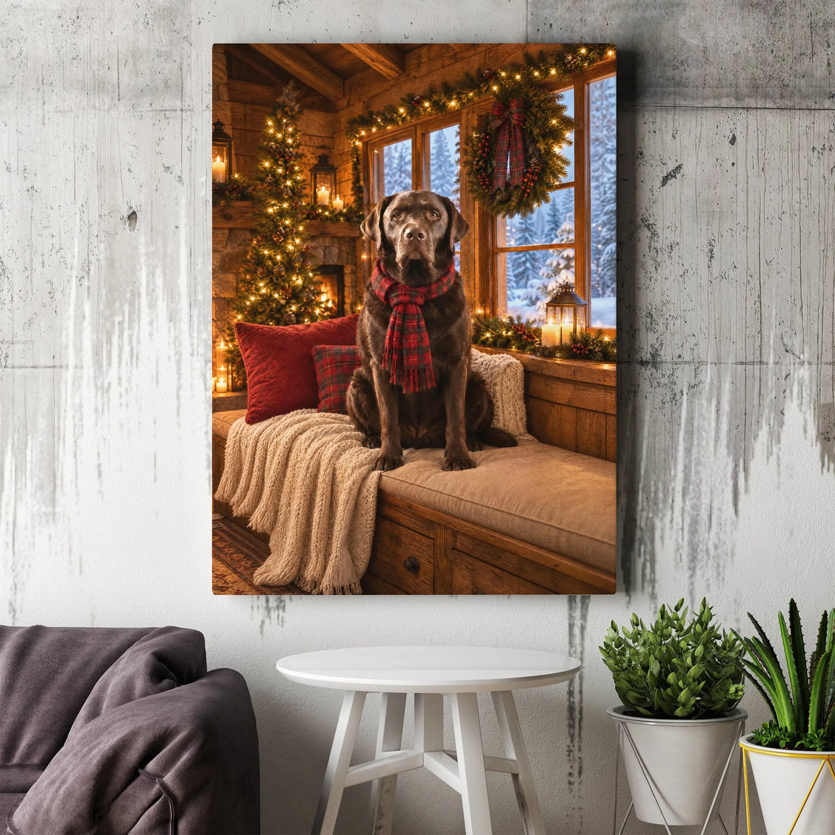 Plaid Scarf Labrador Holiday Wall Art, Christmas Chocolate Lab Canvas, Comfy Cabin Dog Christmas Print, Rustic Labrador Canva