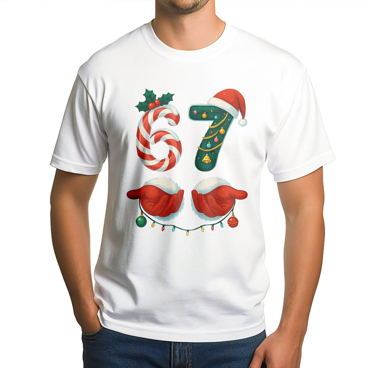 Gen Alpha Meme Holiday T-Shirt, 67 Candy Cane Christmas Shirt, Humorous 67 Number Graphic Tee, Teen Christmas Joke Shirt, Hol