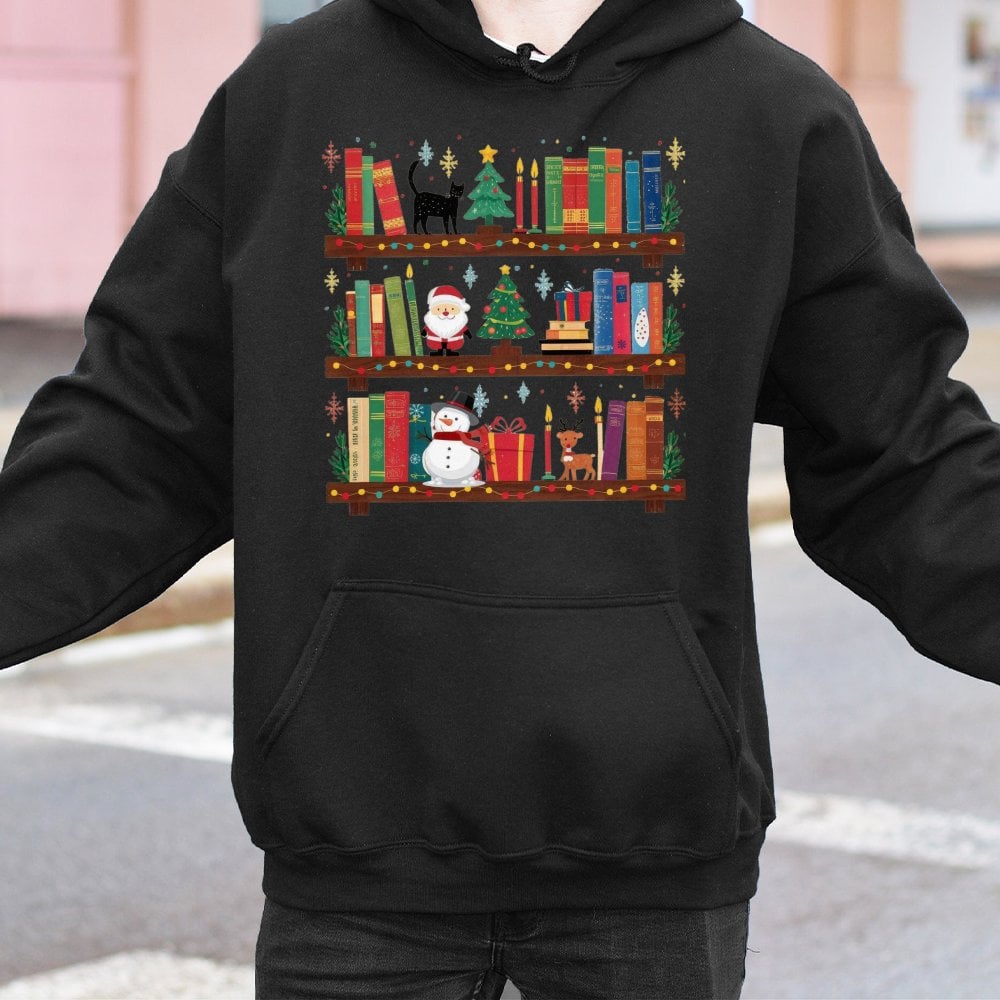 Festive Librarian Book Stack Sweatshirt, Christmas Bookshelf Hoodie, Comfy Holiday Bookish Pullover, Xmas Present for Book Lo