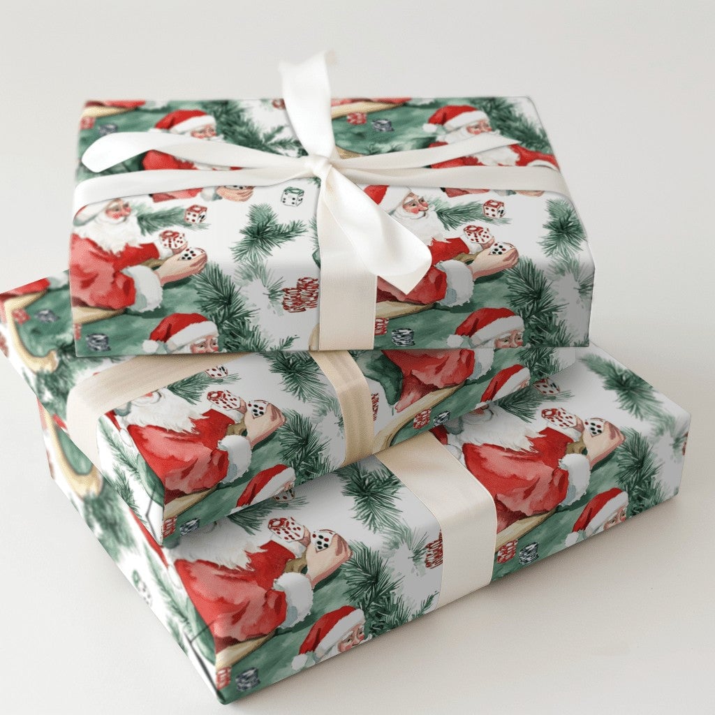 Casino Holiday Gift Wrap, Santa Poker Christmas Wrapping Paper, Humorous Gambling Dice Christmas Wrapping Paper, Game Night P