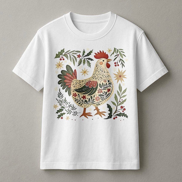 Folk Art Rooster Holiday Graphic Tee, Christmas Chicken T-Shirt, Farmhouse Winter Country T-Shirt, Festive Chicken Lover Xmas