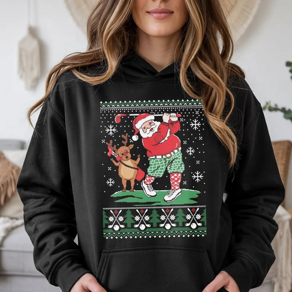 Humorous Golfer Holiday Sweatshirt, Santa Golf Ugly Christmas Hoodie, Reindeer Golf Hooded Pullover, Retro Xmas Sports Hoodie