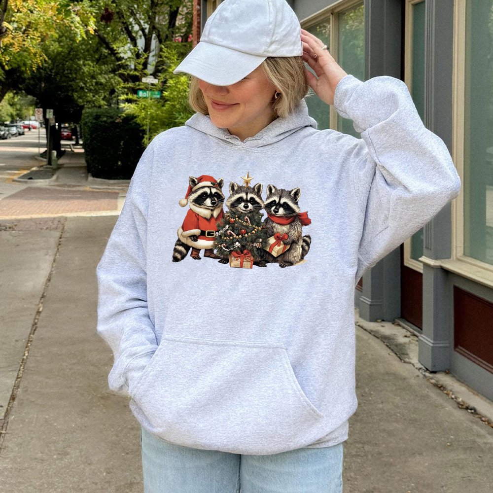 Adorable Holiday Forest Animal Sweatshirt, Christmas Raccoon Hoodie, Retro Winter Wildlife Graphic Hoodie, Festive Animal Lov