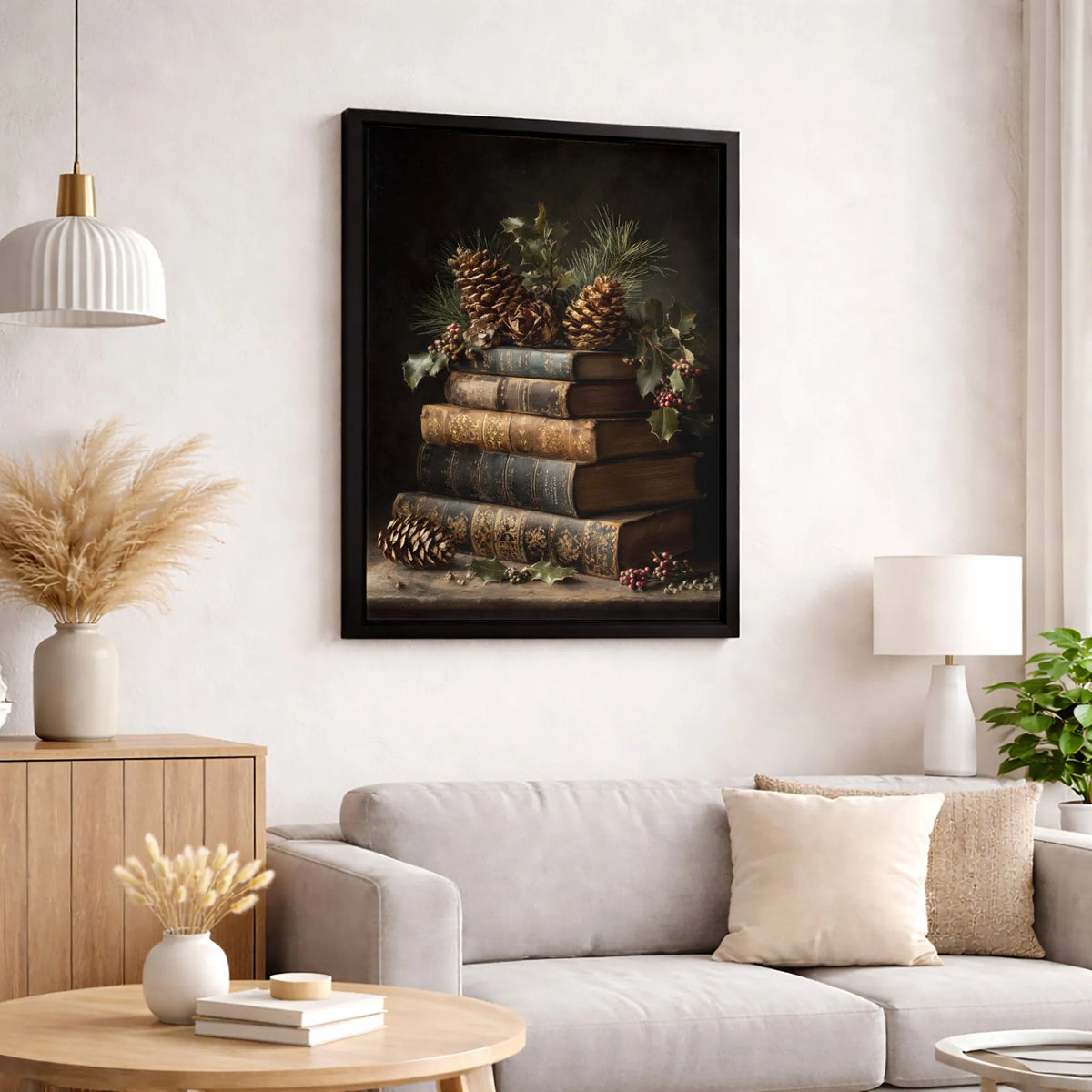 Christmas Holly Canvas Print, Vintage Book Stack Canvas Wall Art, Holiday Still Life Wall Decor, Comfy Winter Bookish Home De
