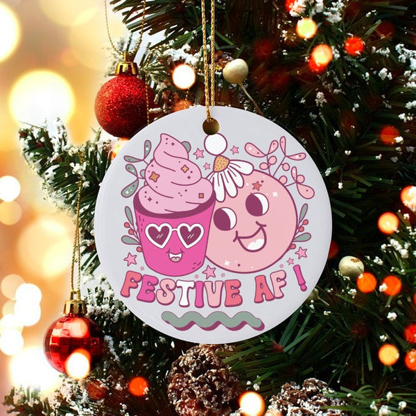 Kawaii Smiley Face Ceramic Ornament, Festive AF Christmas Ornament, Adorable Pink Aesthetic Tree Ornament, Preppy Holiday Kee