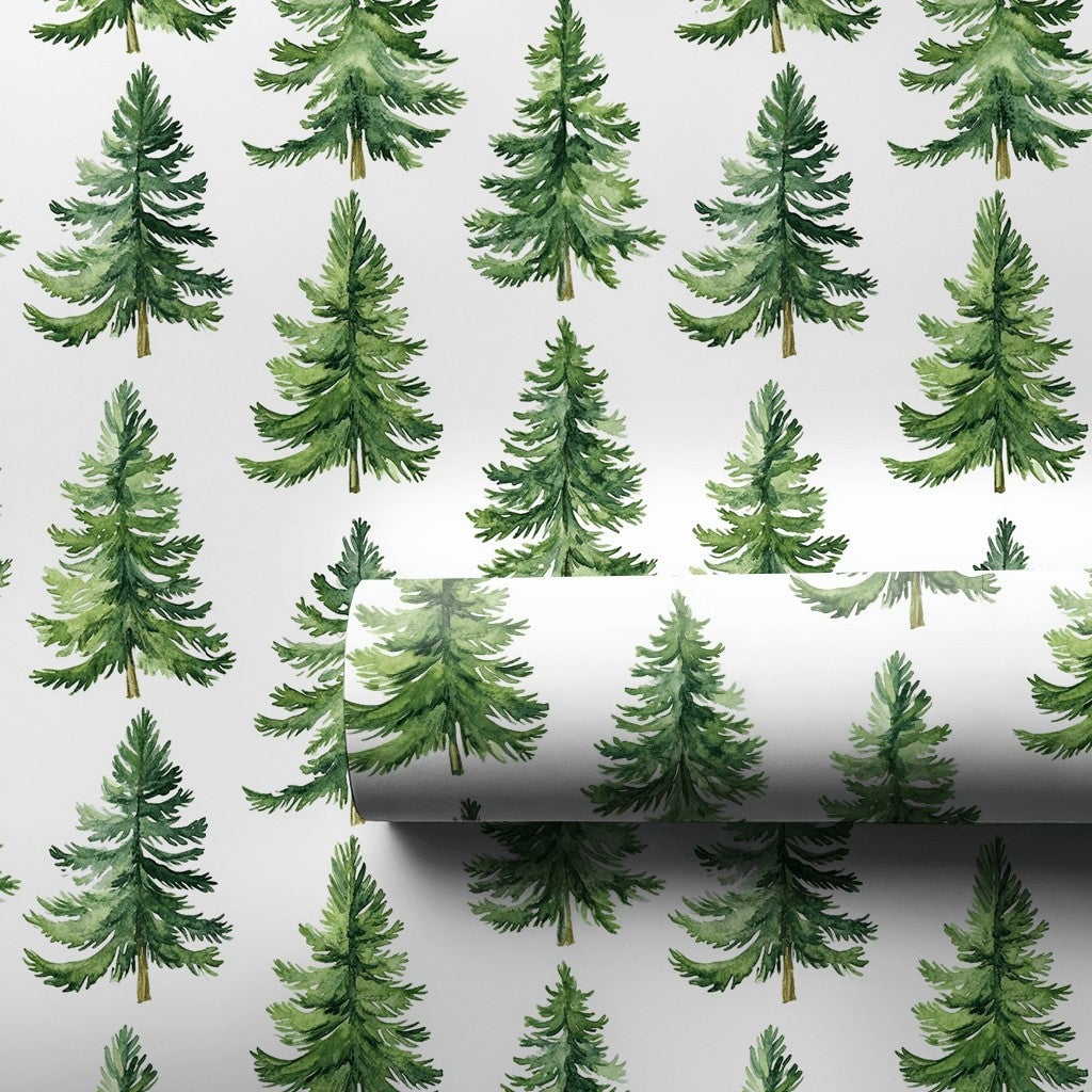 Rustic Woodland Gift Wrap, Watercolor Pine Tree Wrapping Paper, Evergreen Forest Wrapping Paper, Winter Holiday Christmas Gif