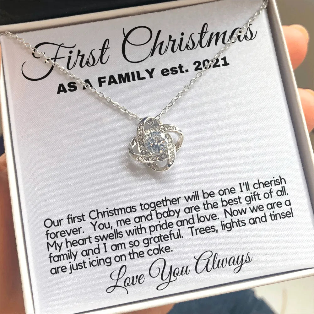 New Mom Christmas Love Knot Pendant, First Christmas Love Knot Necklace, 14k White Gold Holiday Love Knot Jewelry, Romantic W