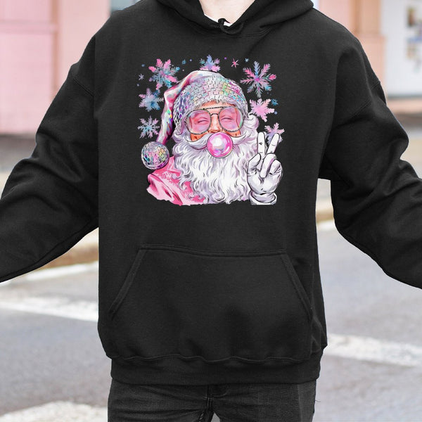 Retro Bubble Gum Peace Sign Christmas Sweatshirt, Disco Santa Hoodie, Humorous Groovy Xmas Santa Pullover, Holiday Party Hood