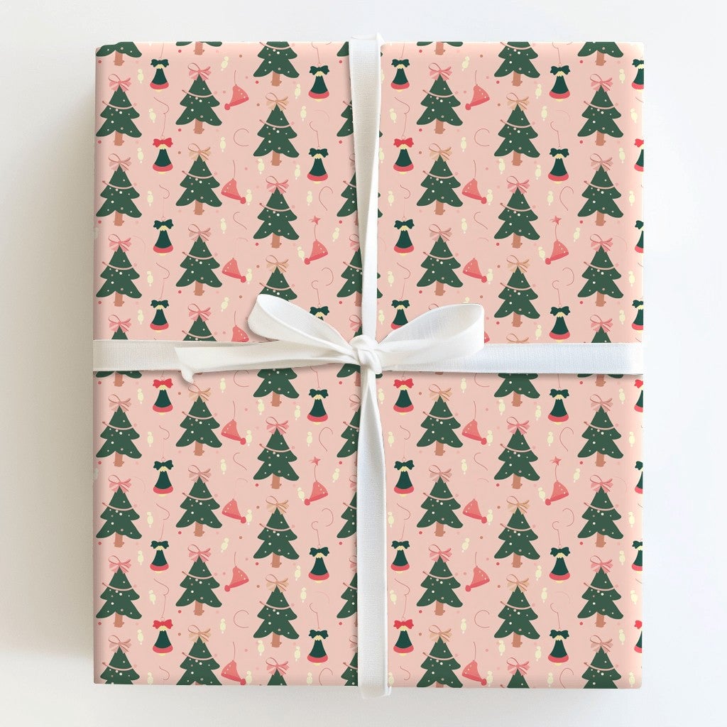 Whimsical Holiday Gift Wrap, Pink Christmas Tree Wrapping Paper, Santa Hat and Bells Xmas Wrapping Paper, Adorable Festive Gi