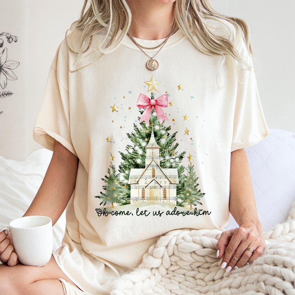 Watercolor Christmas Tree Shirt, Oh Come Let Us Adore Him T-Shirt, Coquette Bow Holiday Tee, Christian Graphic T-Shirt, Xmas 