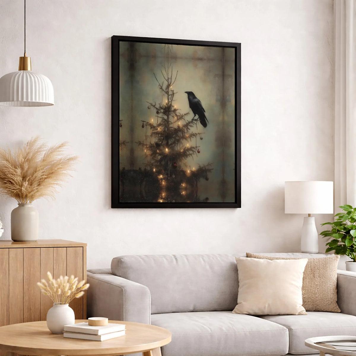 Dark Academia Holiday Canvas Decor, Gothic Raven Christmas Tree Canvas Art, Moody Winter Raven Canvas Print, Spooky Xmas Goth