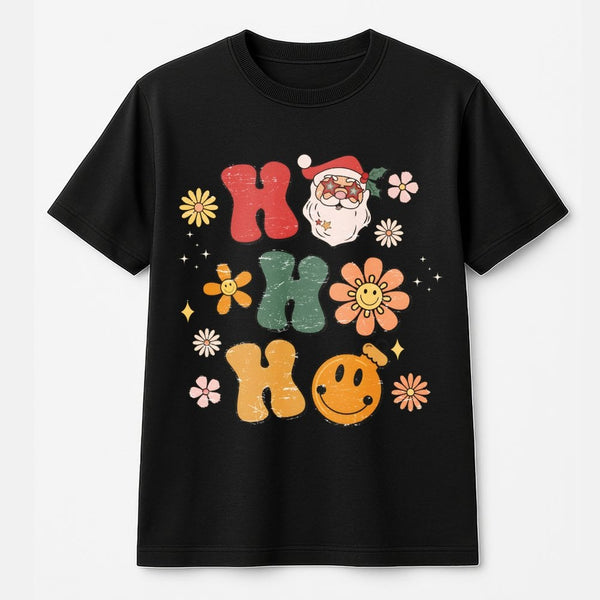 Groovy Santa Smiley Face Tee, Retro Ho Ho Ho Christmas T-Shirt, Vintage Holiday Graphic T-Shirt, Festive Teacher Xmas Shirt, 