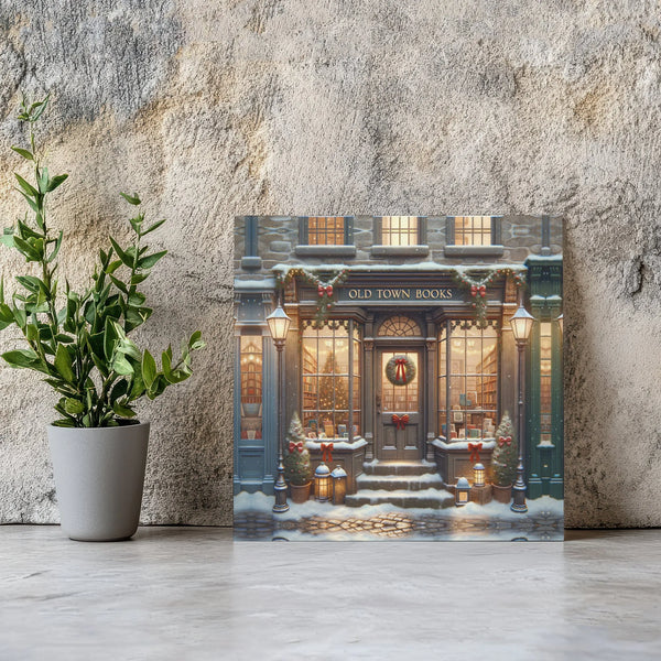Snowy Winter Village Bookshop Painting Print, Christmas Bookstore Square Canvas Art, Comfy Holiday Book Lover Canvas Wall Art