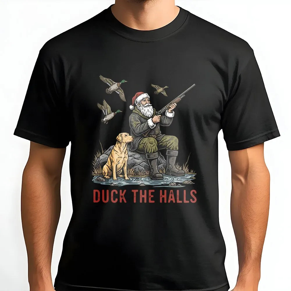Humorous Duck Hunting Santa Shirt, Duck the Halls Christmas T-Shirt, Hunter Xmas Graphic Tee, Holiday Outdoorsman T-Shirt, Xm