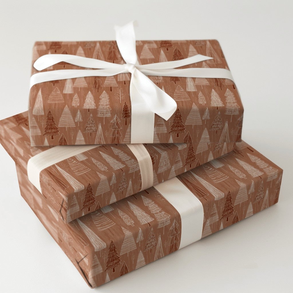 Scandinavian Forest Holiday Gift Wrap, Rustic Christmas Tree Wrapping Paper, Hand-Drawn Xmas Gift Wrap Roll, Seasonal Present