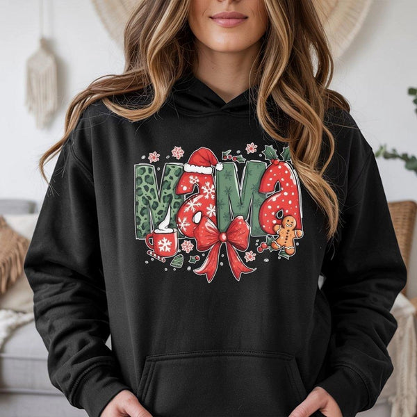 Festive Holiday Mama Sweatshirt, Retro Leopard Print Christmas Mama Hoodie, Adorable Comfy Mom Hooded Pullover, Xmas Winter M