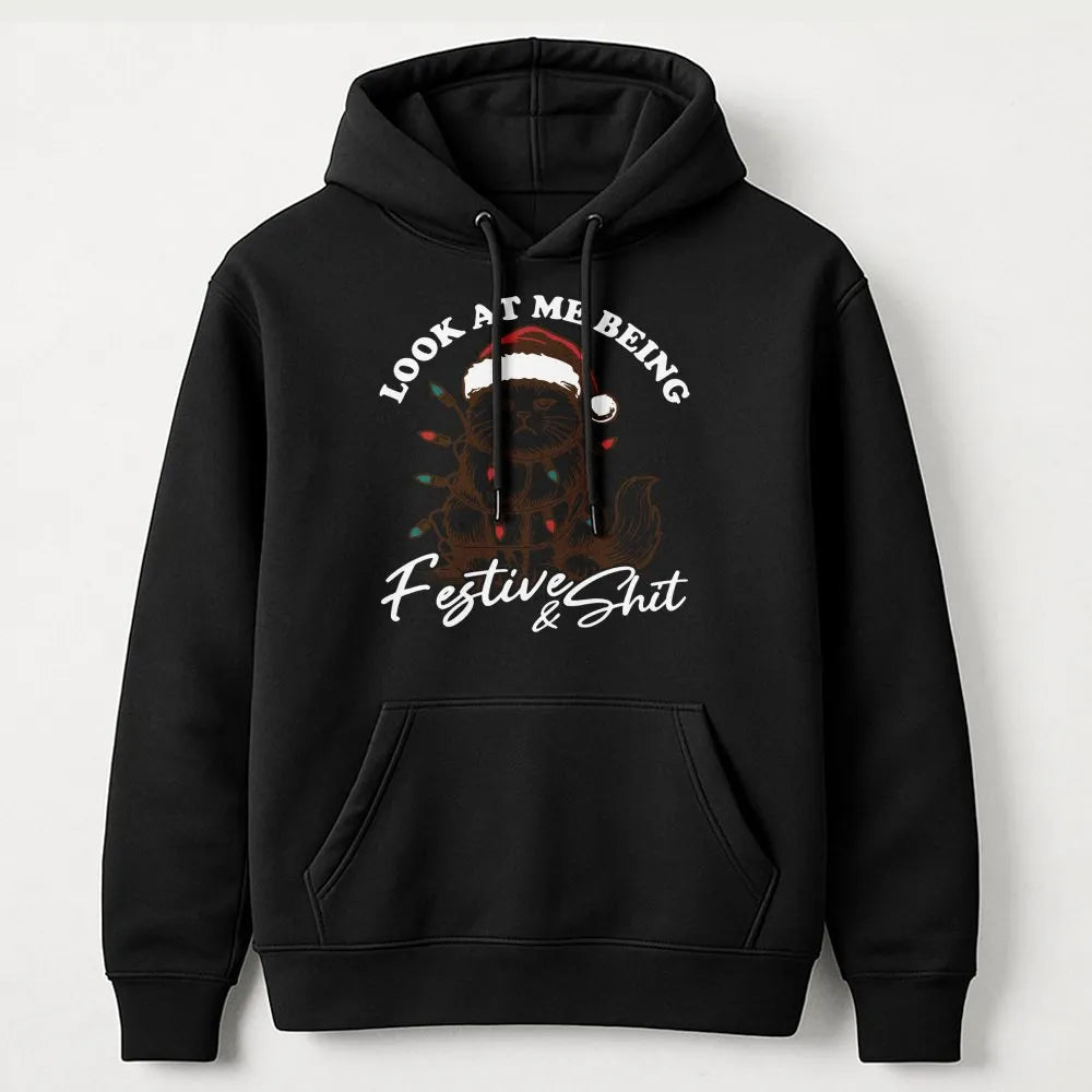 Sarcastic Kitten Holiday Hoodie, Humorous Grumpy Cat Christmas Hoodie, Adorable Cat Lover Xmas Hoodie, Winter Animal Graphic 