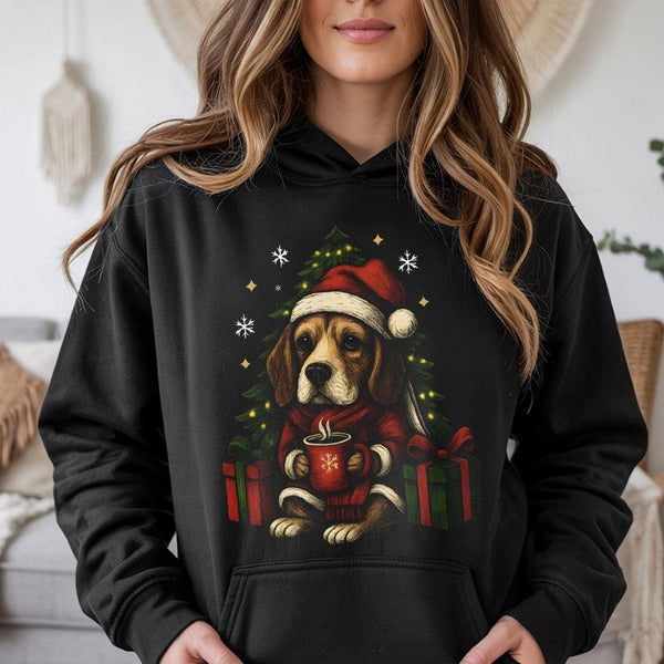 Adorable Santa Hat Puppy Holiday Hoodie, Beagle Christmas Hoodie, Dog Lover Xmas Graphic Pullover, Winter Animal Lover Hooded