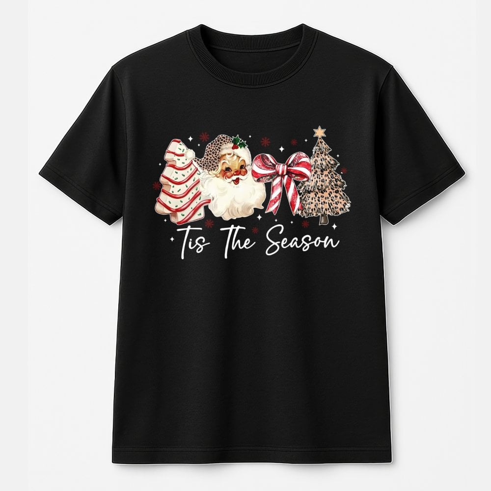 Retro Leopard Santa Graphic Tee, Tis the Season Christmas Shirt, Holiday Season T-Shirt, Adorable Xmas Festive Top, Winter Ch
