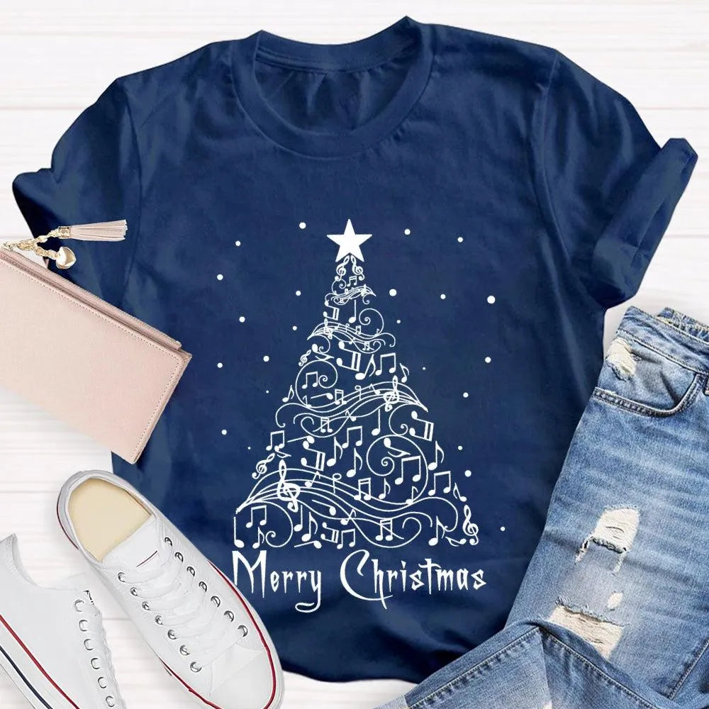 Sheet Music Holiday Tree T-Shirt, Music Teacher Christmas Shirt, Musical Notes Graphic Tee, Choir Director Christmas Present 