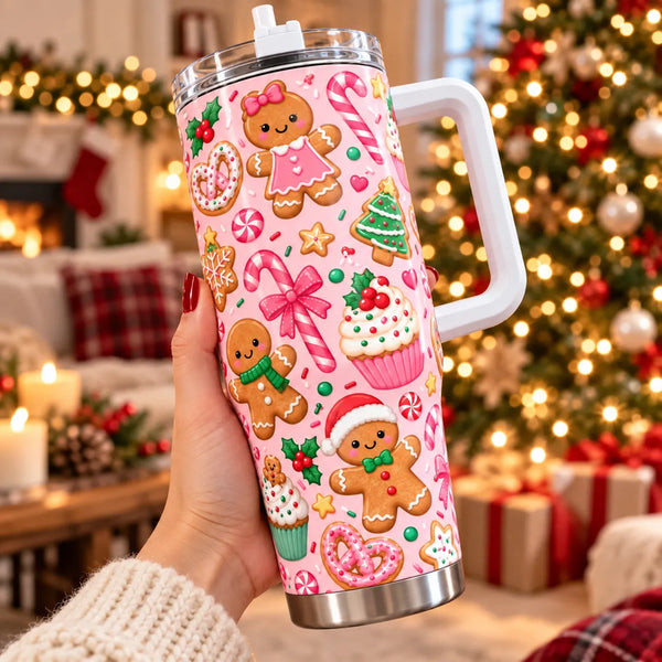 Candy Cane Cookie 40oz Travel Cup, Pink Gingerbread Christmas Tumbler, Pastel Holiday Tumbler with Handle, Adorable Xmas Tumb