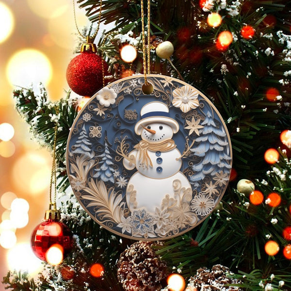Faux Paper Art Snowman Ornament, Quilled Paper Snowman Christmas Ornament, Winter Holiday Tree Ornament, Ceramic Xmas Tree De