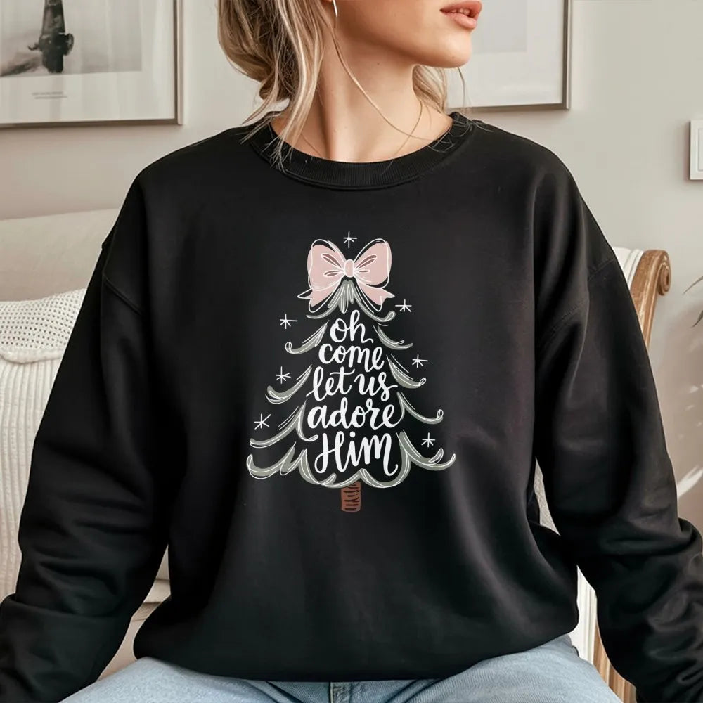 Christian Christmas Sweatshirt, Oh Come Let Us Adore Him Sweatshirt, Religious Christmas Tree Crewneck, Faith Christmas Sweat